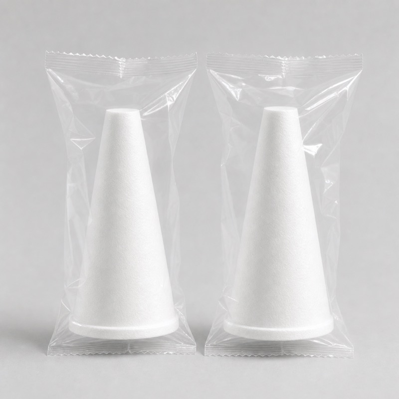 Two white cone-shaped water filter cartridges in sealed clear wrappers