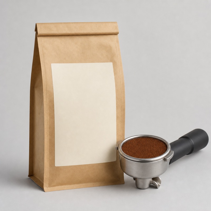 Coffee bag with a cream label beside a portafilter holding a level bed of ground coffee